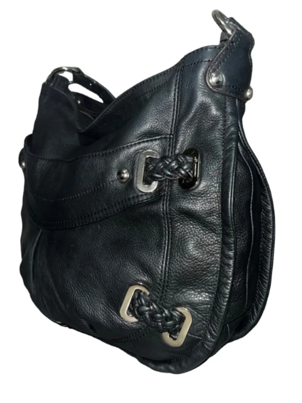 ✨$350! VTG B. Makowsky Black Pebbled Leather Slouchy Hobo Bag Y2K Braided Accent